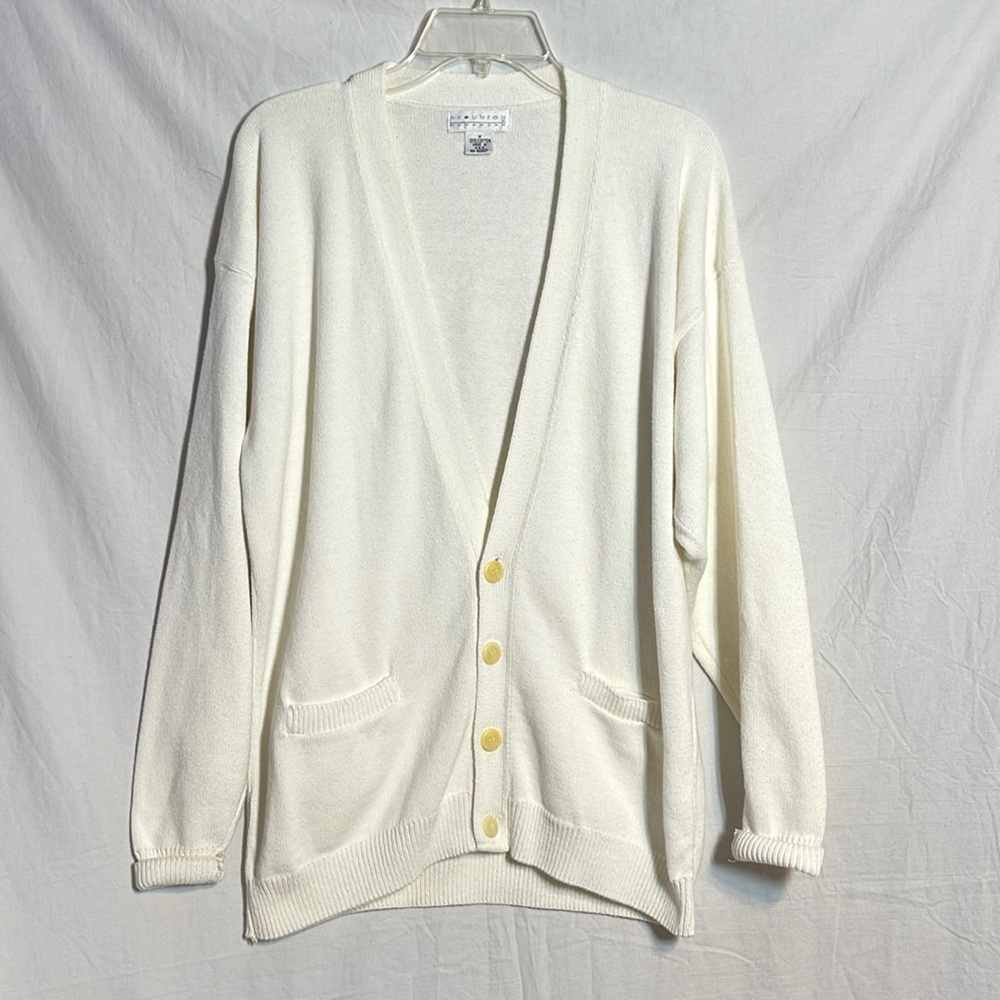 Reunion Menswear Cardigan Sweater Medium White Cotton Grandpa Button Pockets